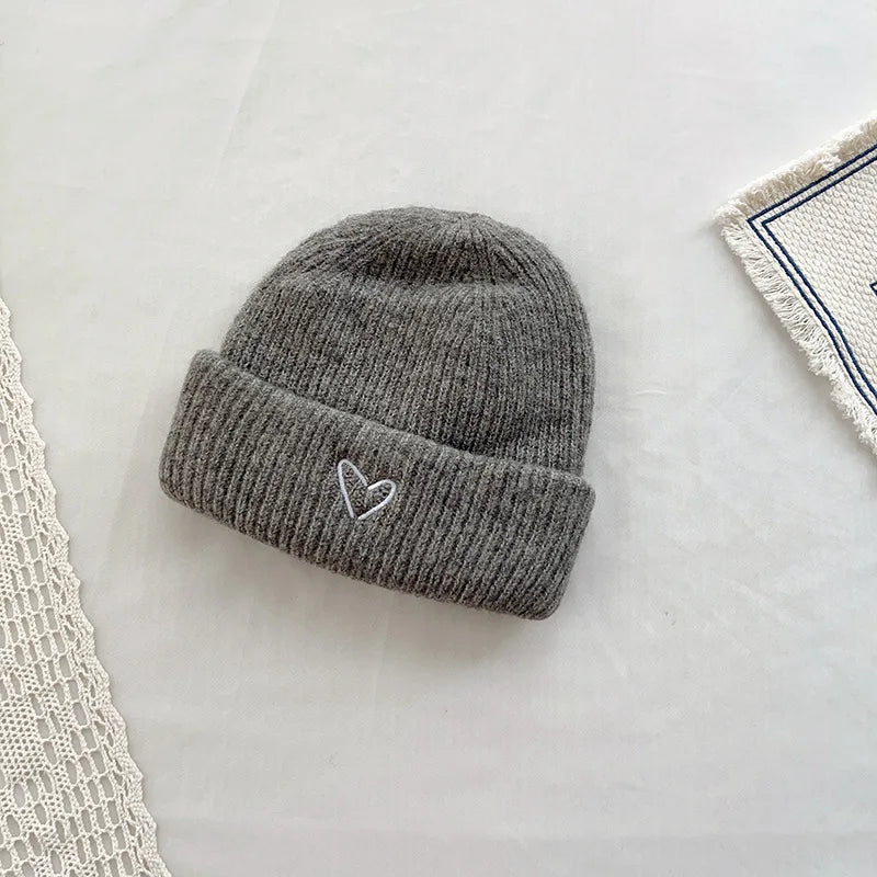 Soft Wool Embroidery Heart Beanie